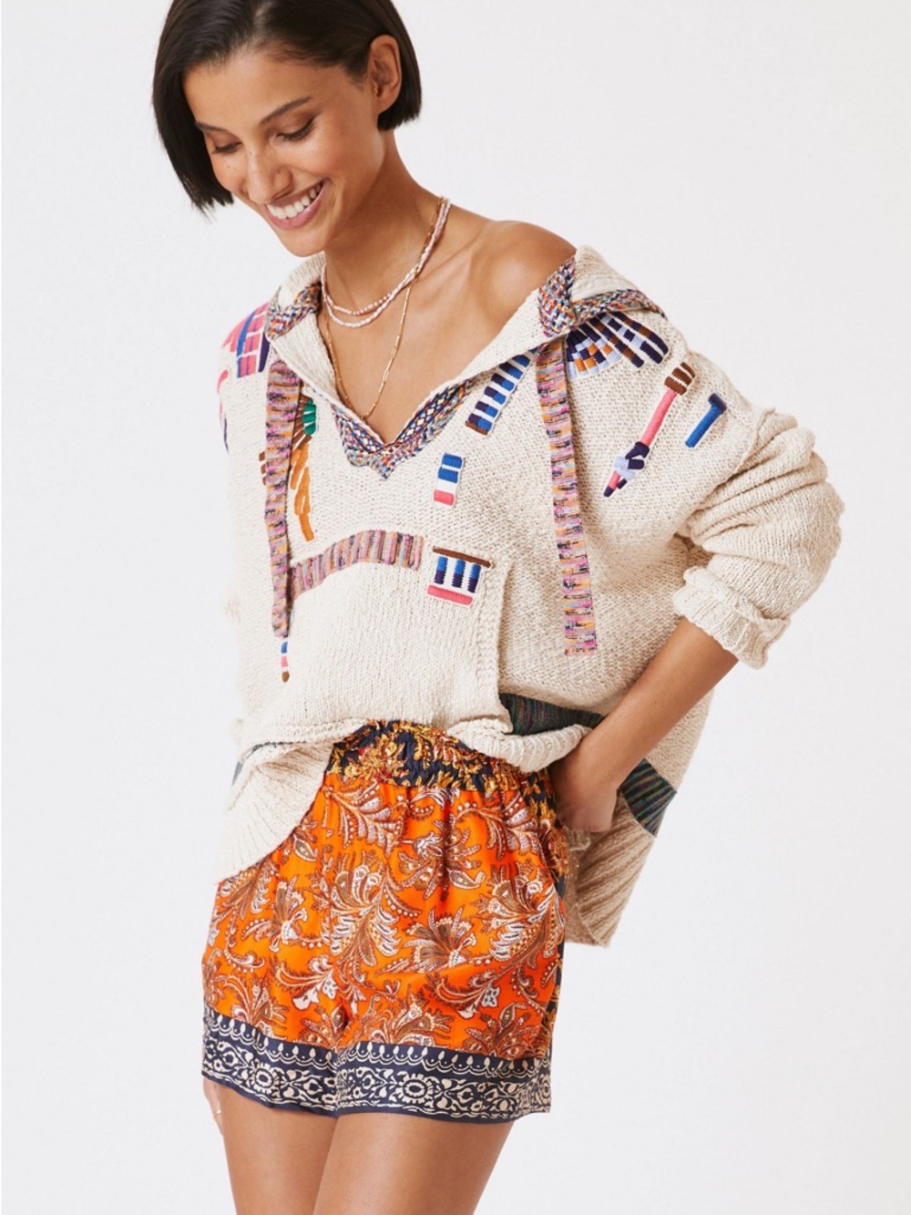 Anthropologie Traveler High-Rise Navy and Orange Print Shorts Petite XS